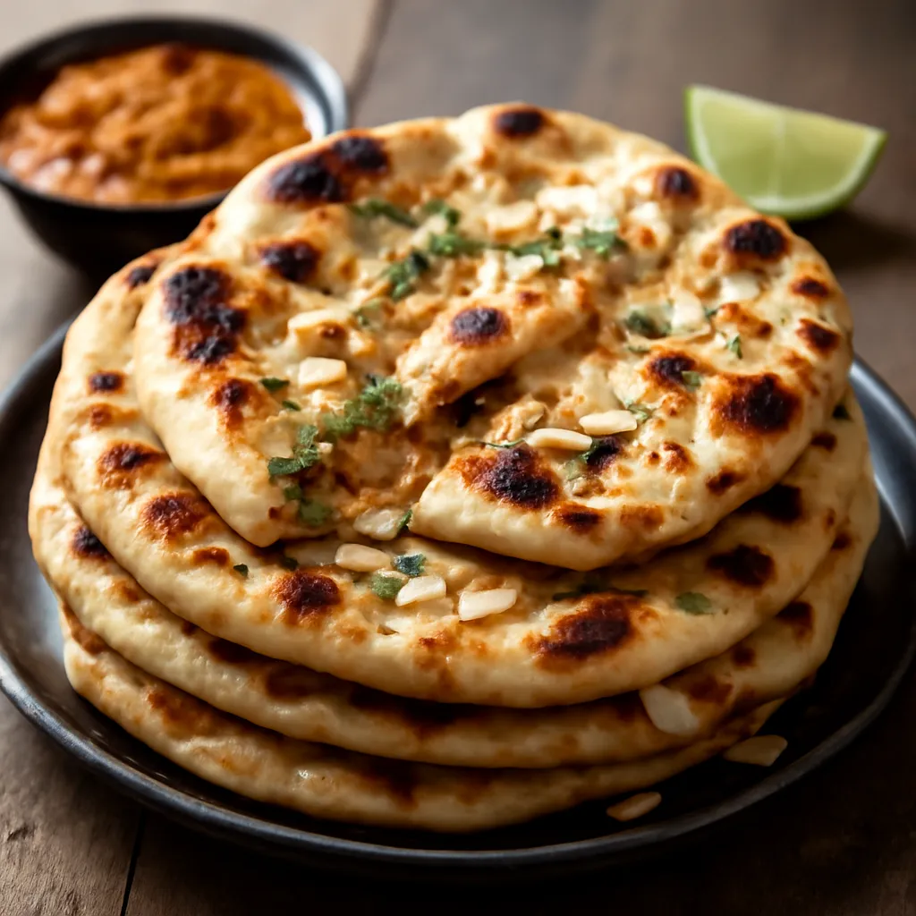 Stack of blistered Peshwari naan brushed with garlic butter, top one torn to show coconut and almond filling