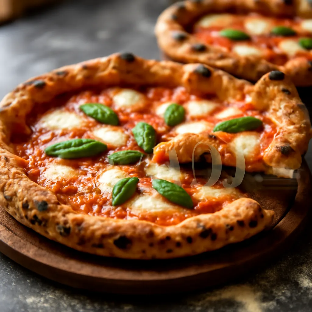 Whole homemade margherita pizza with a puffed blistered crust, melted mozzarella and fresh basil on a wooden board
