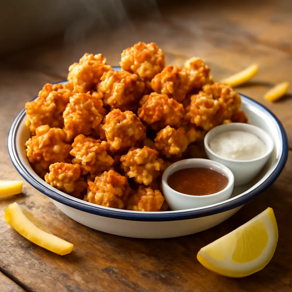 Bowl piled high with golden crispy popcorn chicken, with dipping sauces and fries alongside