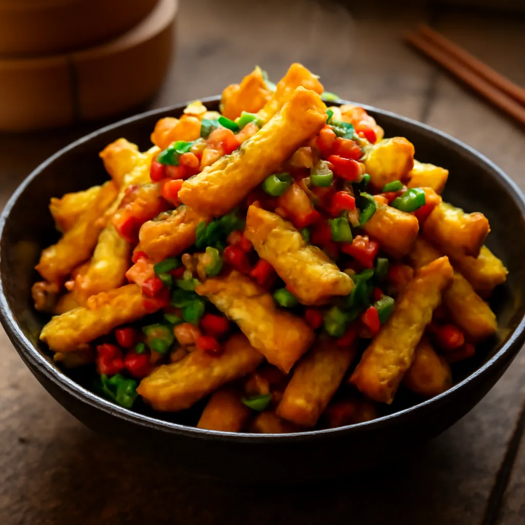 Bowl of crisp golden salt and pepper chips tossed with charred peppers, onion, red chilli and spring onion