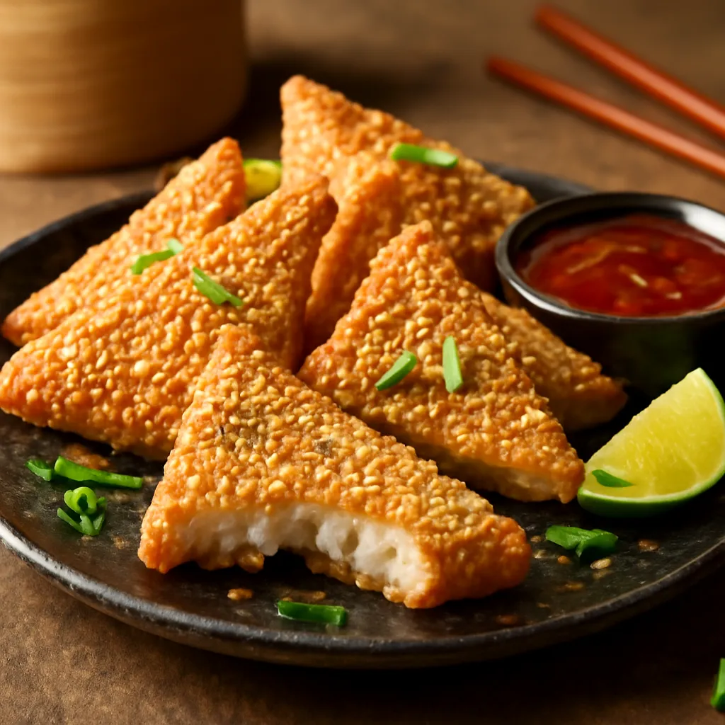 Golden sesame prawn toast triangles piled on a dark plate with sweet chilli dipping sauce and spring onion