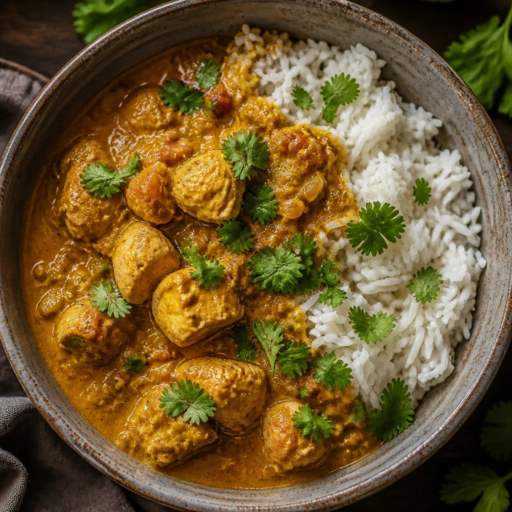 Bowl of slow cooker chicken curry with rice and fresh coriander