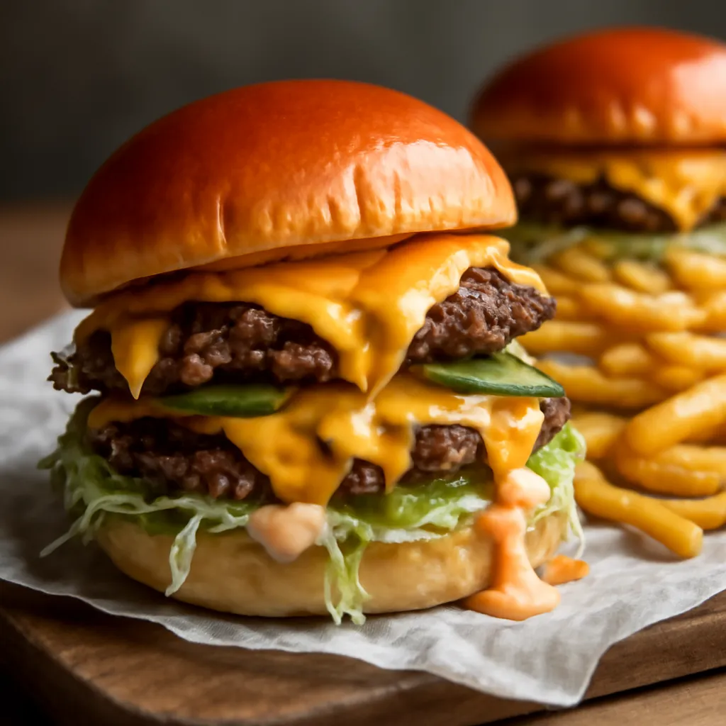 Double smash burger with crisp-edged beef patties, melting cheese, gherkins and burger sauce in a brioche bun