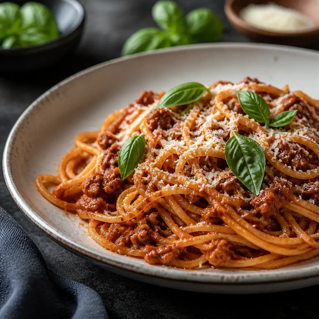 Plate of spaghetti bolognese topped with grated Parmesan and basil