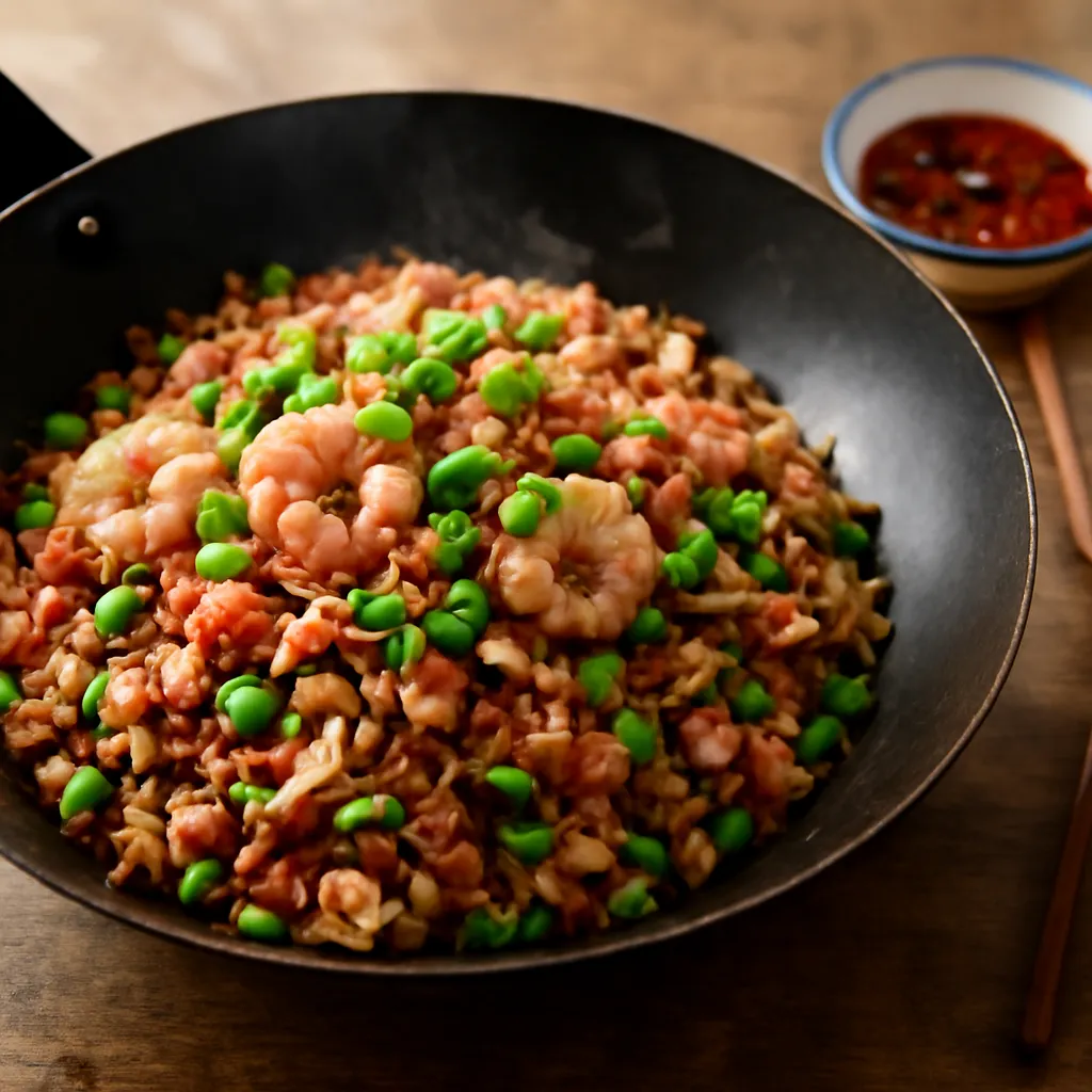 Takeaway-style special fried rice in a wok with king prawns, egg, char siu pork, peas and spring onions