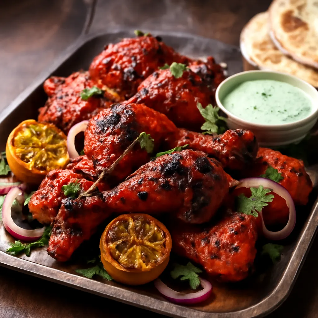 Platter of charred red tandoori chicken pieces with red onion rings, lemon wedges and mint chutney