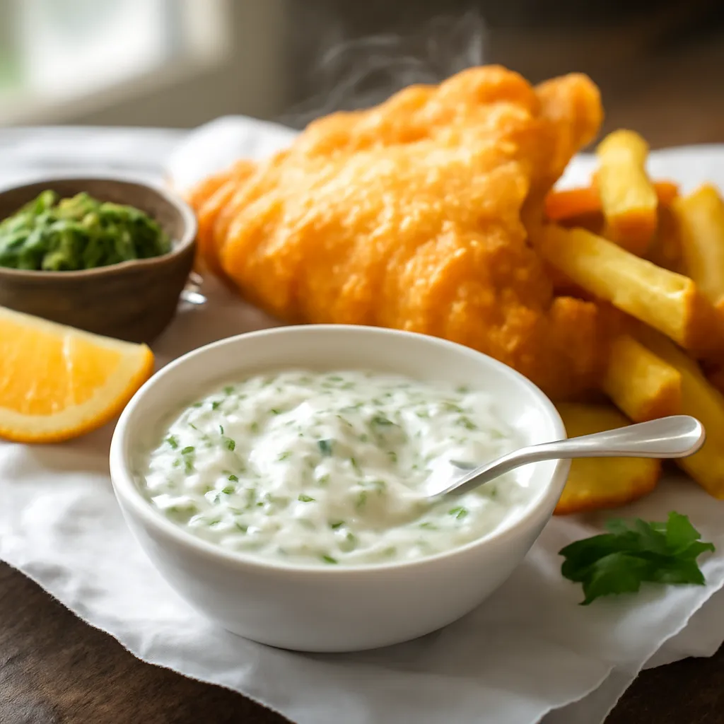 Bowl of creamy homemade tartare sauce flecked with dill and gherkins beside battered fish and chunky chips