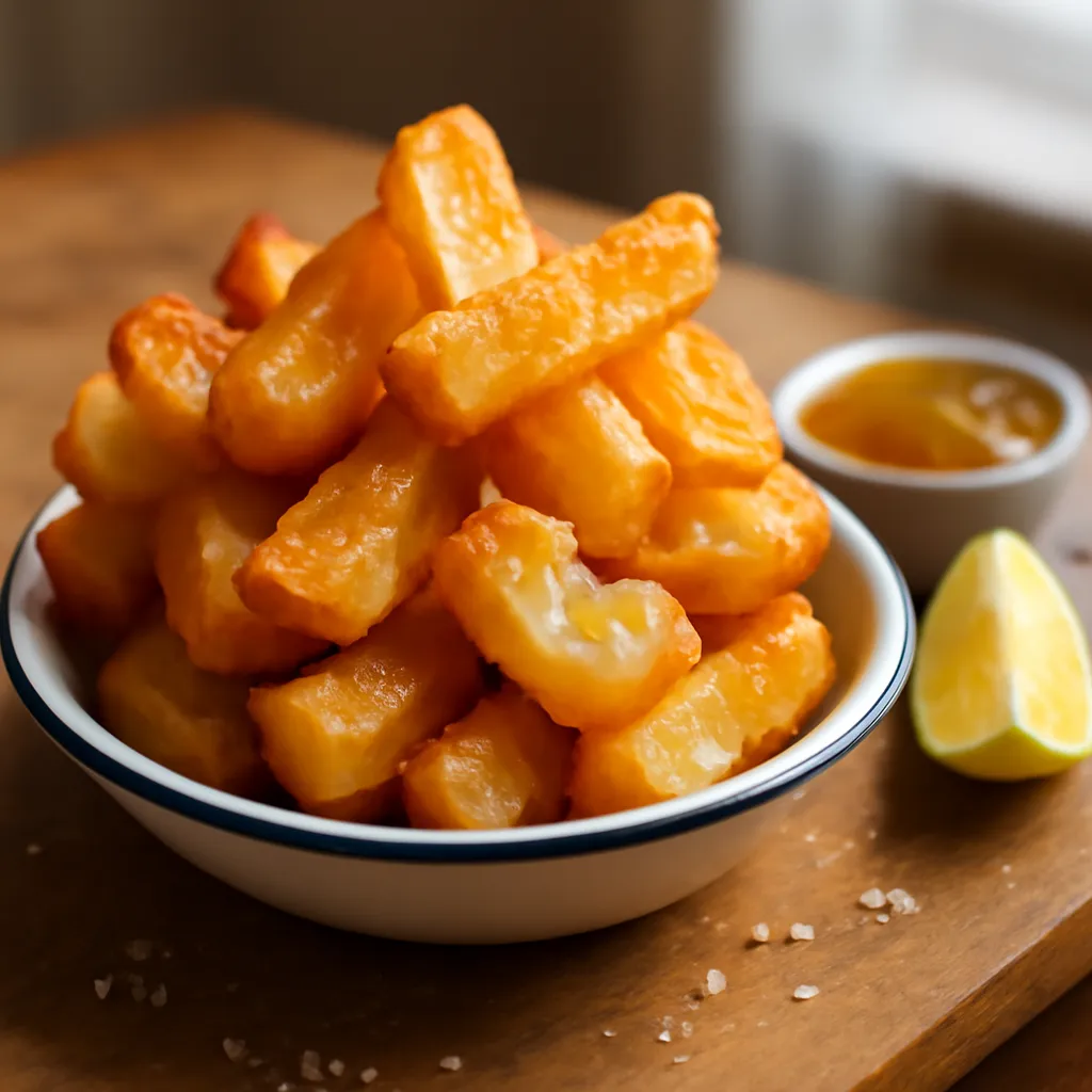 A tall pile of golden, blistered triple-cooked chips in a white bowl, scattered with flaky sea salt