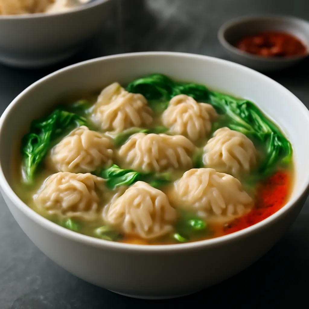 Bowl of takeaway-style wonton soup with plump pork wontons, clear golden broth, pak choi and spring onions